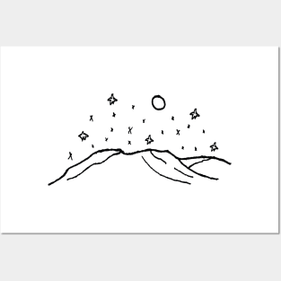 Mountains with Stars and Full Moon Drawing Posters and Art